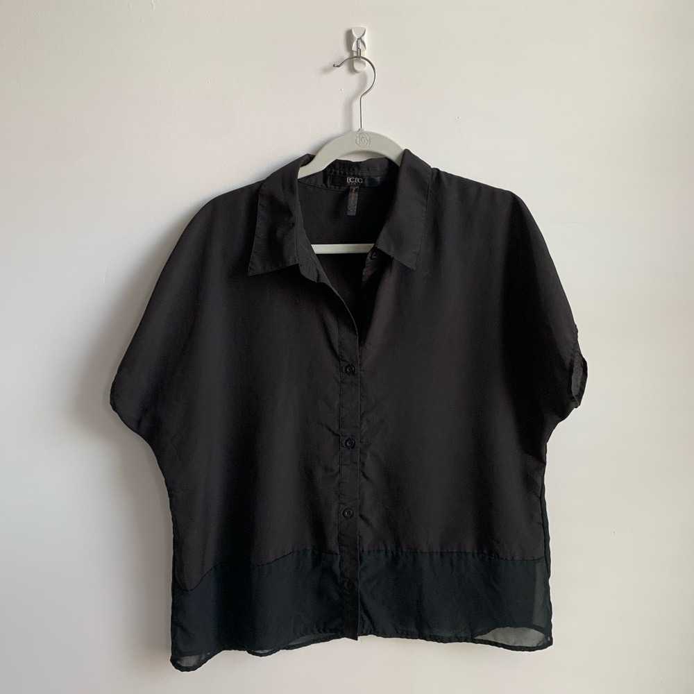 BCBG Paris square shortsleeve blouse w sheer panel